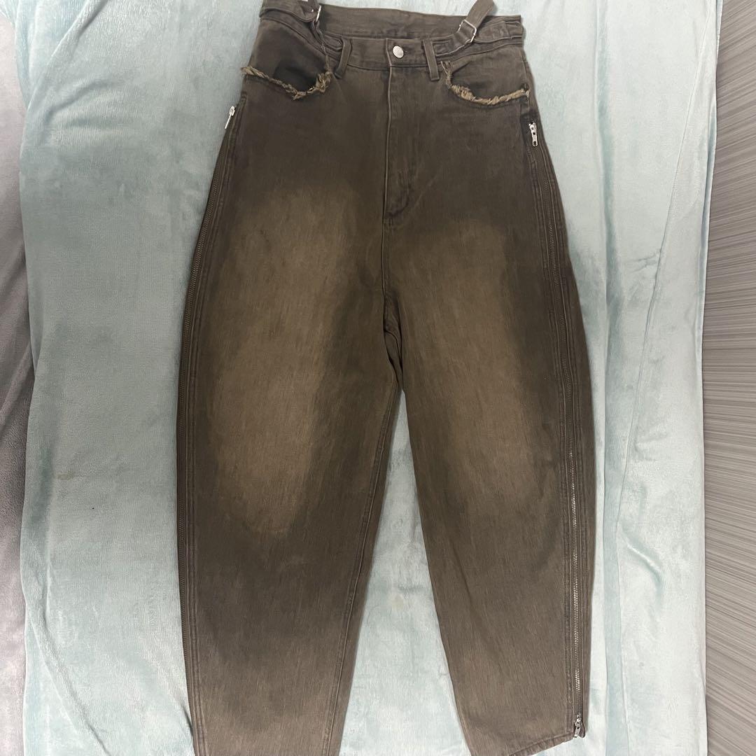 GRANCY ジップデザイン バギーデニム パンツ ブラウン Lサイズ