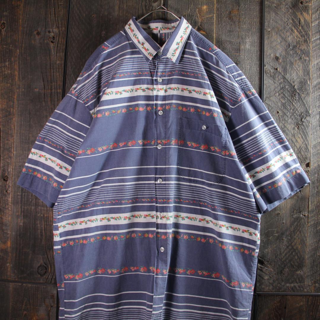 古着　８０’s ヴィンテージ　半袖シャツ　花柄　ネイビー　L オーバーサイズ　綿