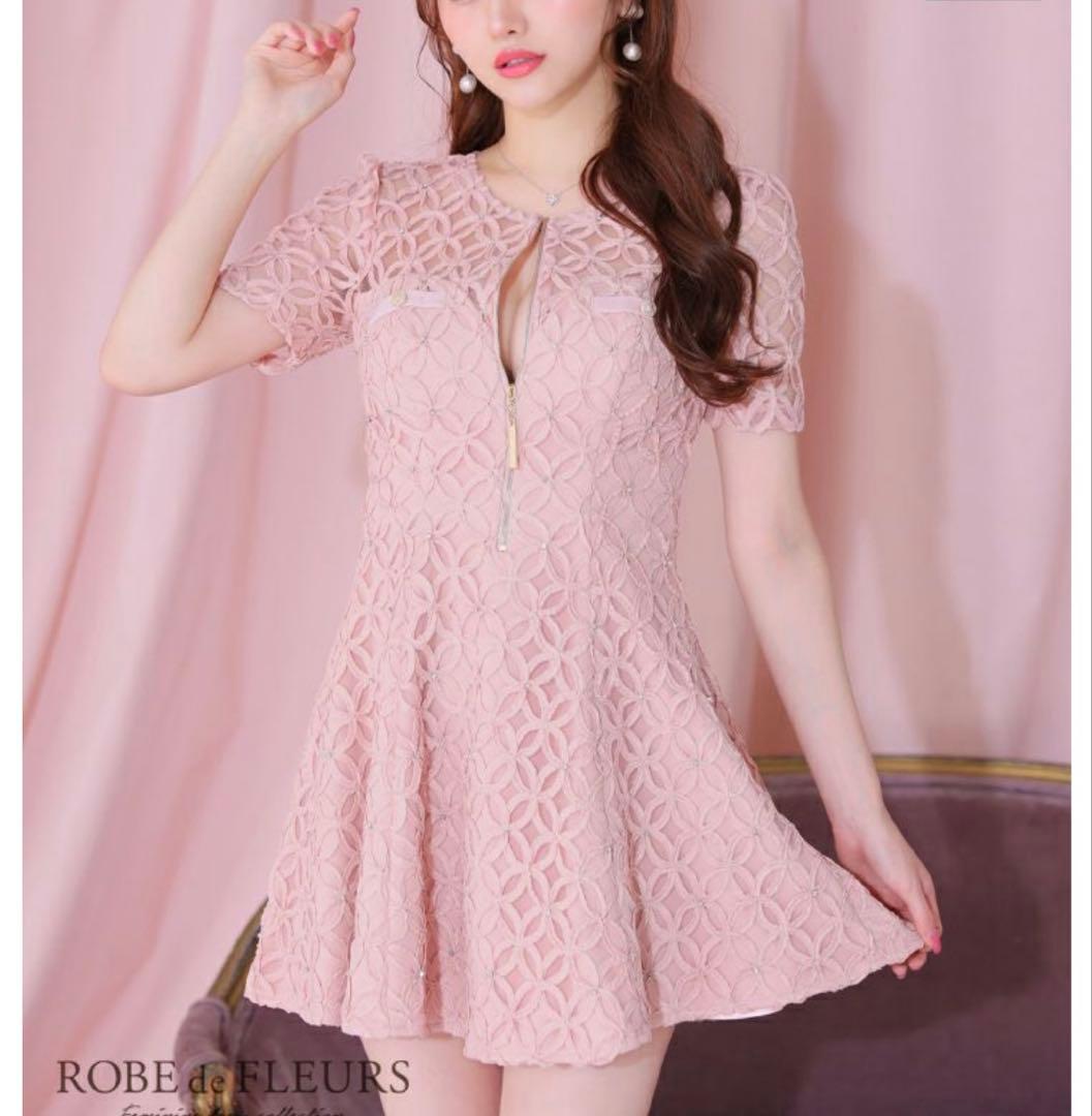 ジップデザイン 半袖 レース シースルー ビジュー ガーリー フ ミニドレスS・ROBE de FLEURS