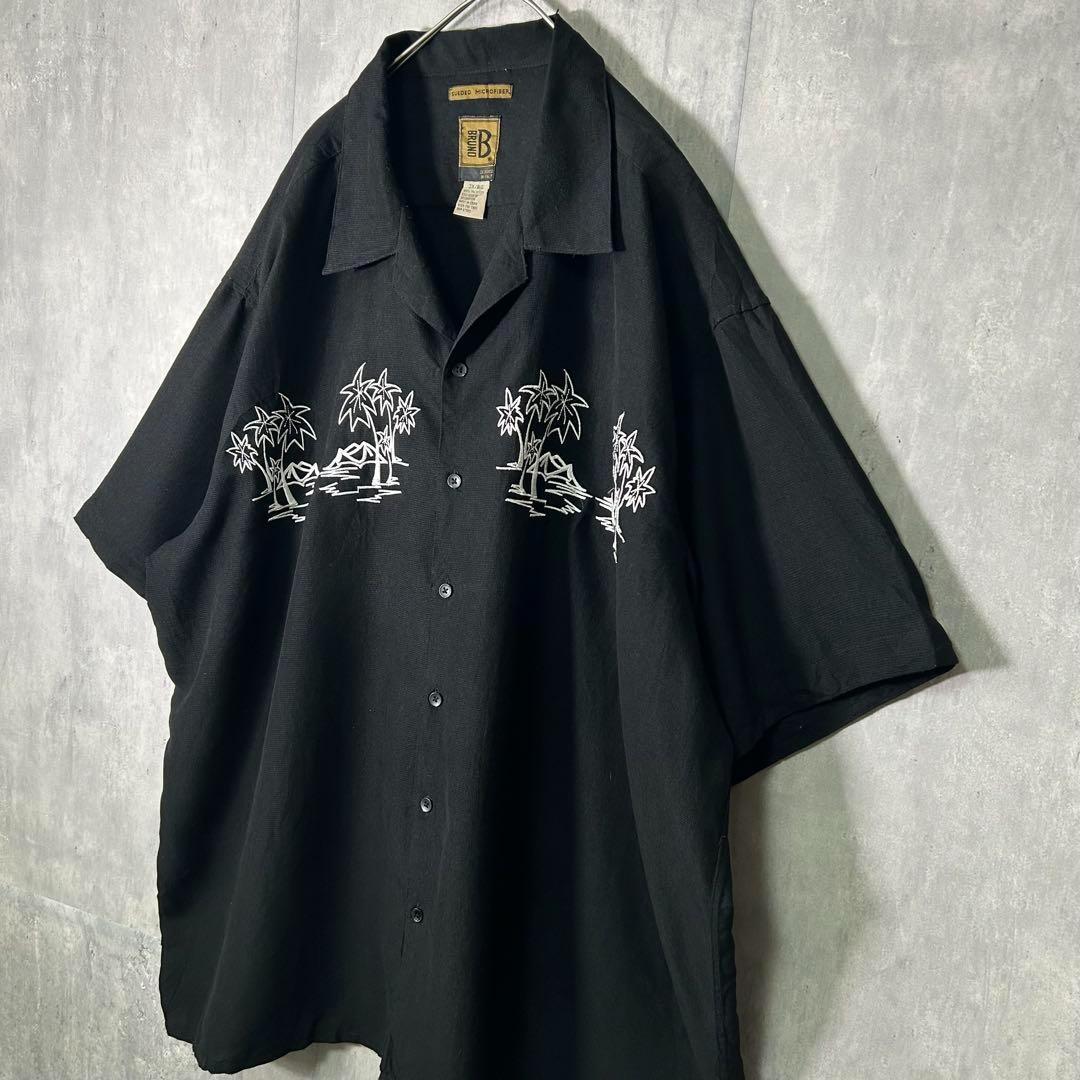 イタリアデザイン ヤシの木 刺繍 オープンカラー シャツ 黒 ビッグシルエット