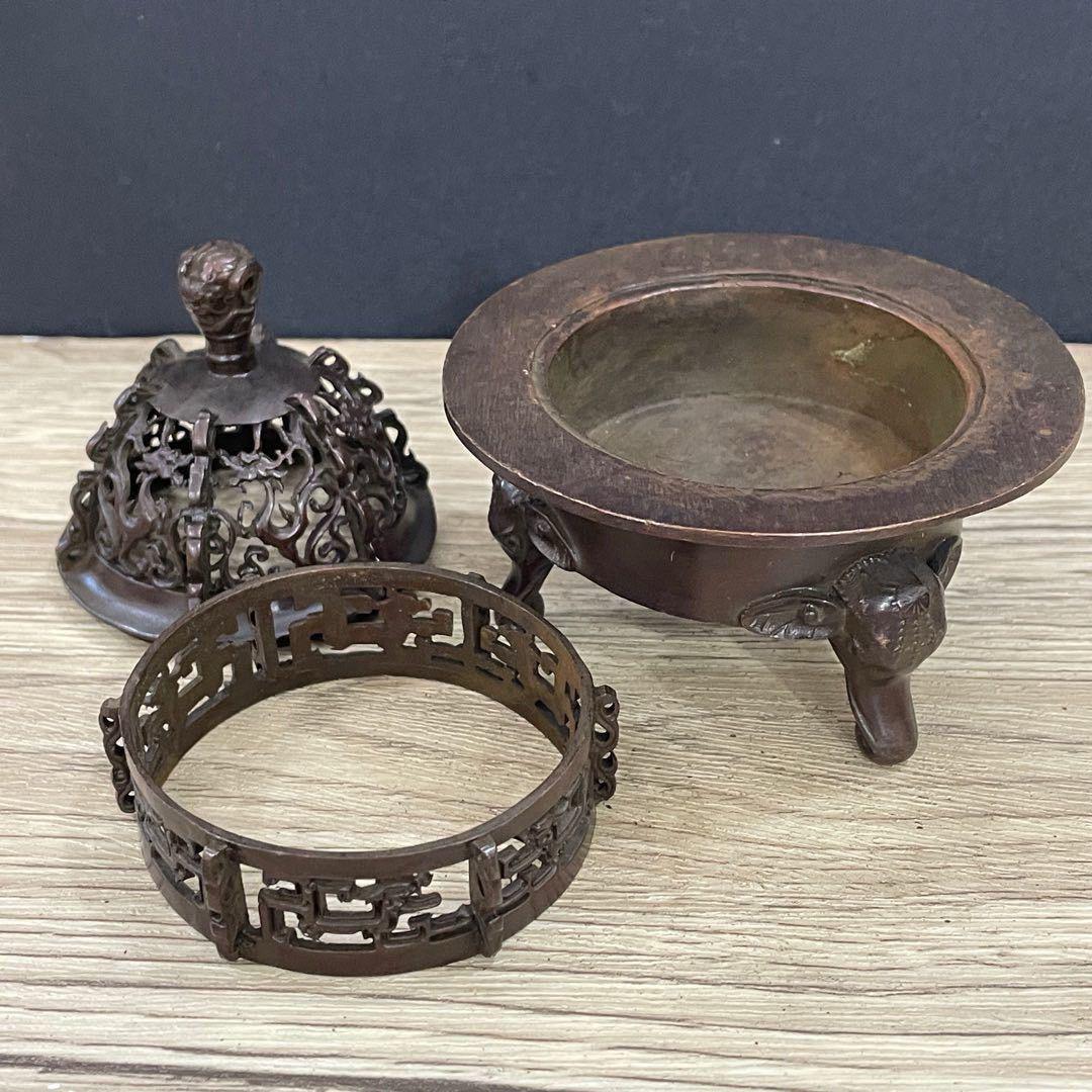 銅器 香炉 海獣双龍双耳室内薫炉 茶道香炉 装飾品 工芸品 美術品 置物