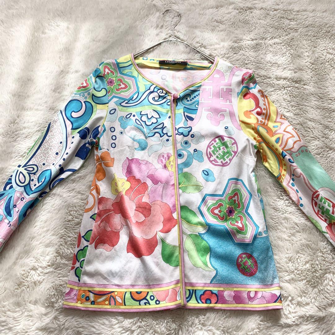 レオナール　春　薄手　カーディガン　花柄　ホワイト系　Lサイズ