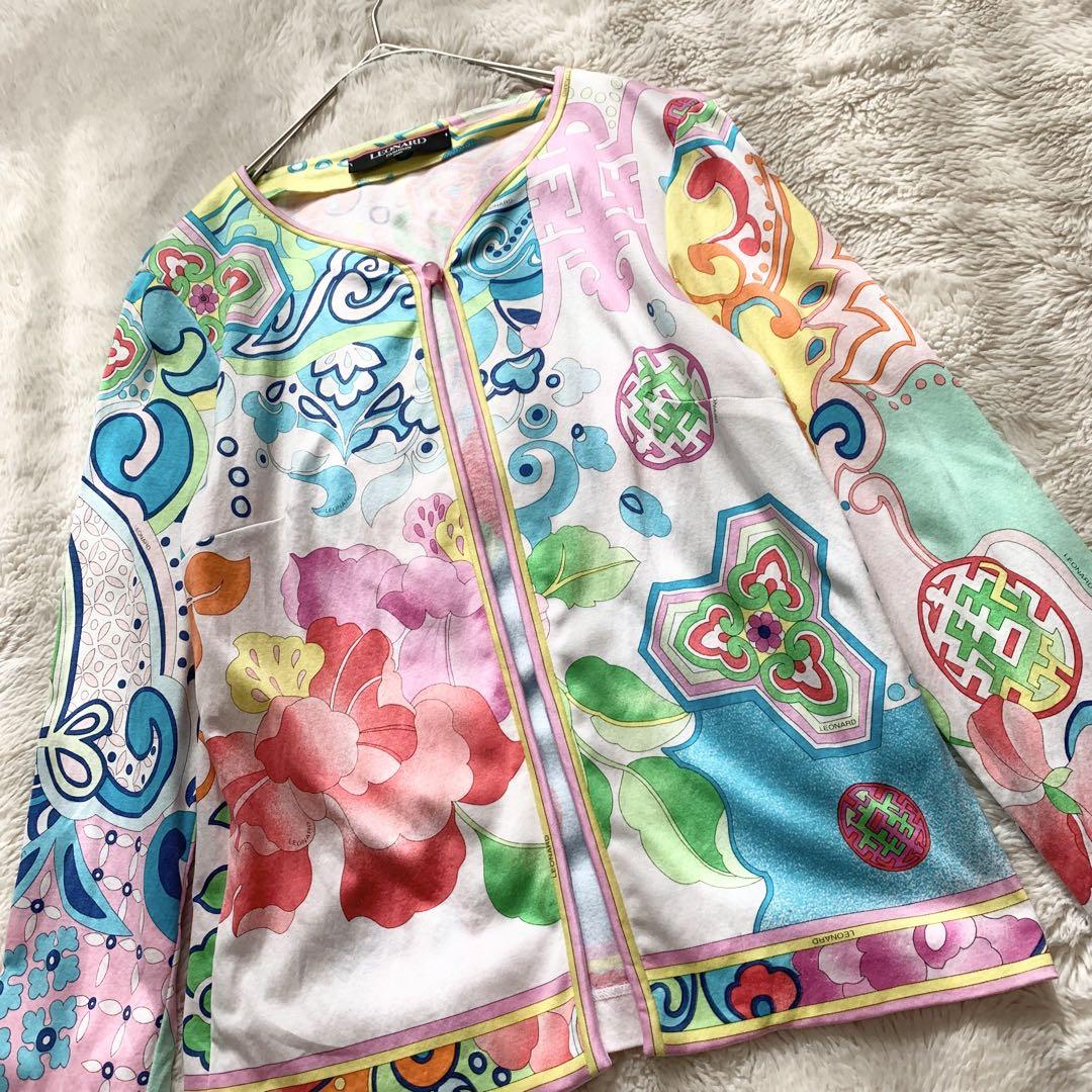 レオナール　春　薄手　カーディガン　花柄　ホワイト系　Lサイズ