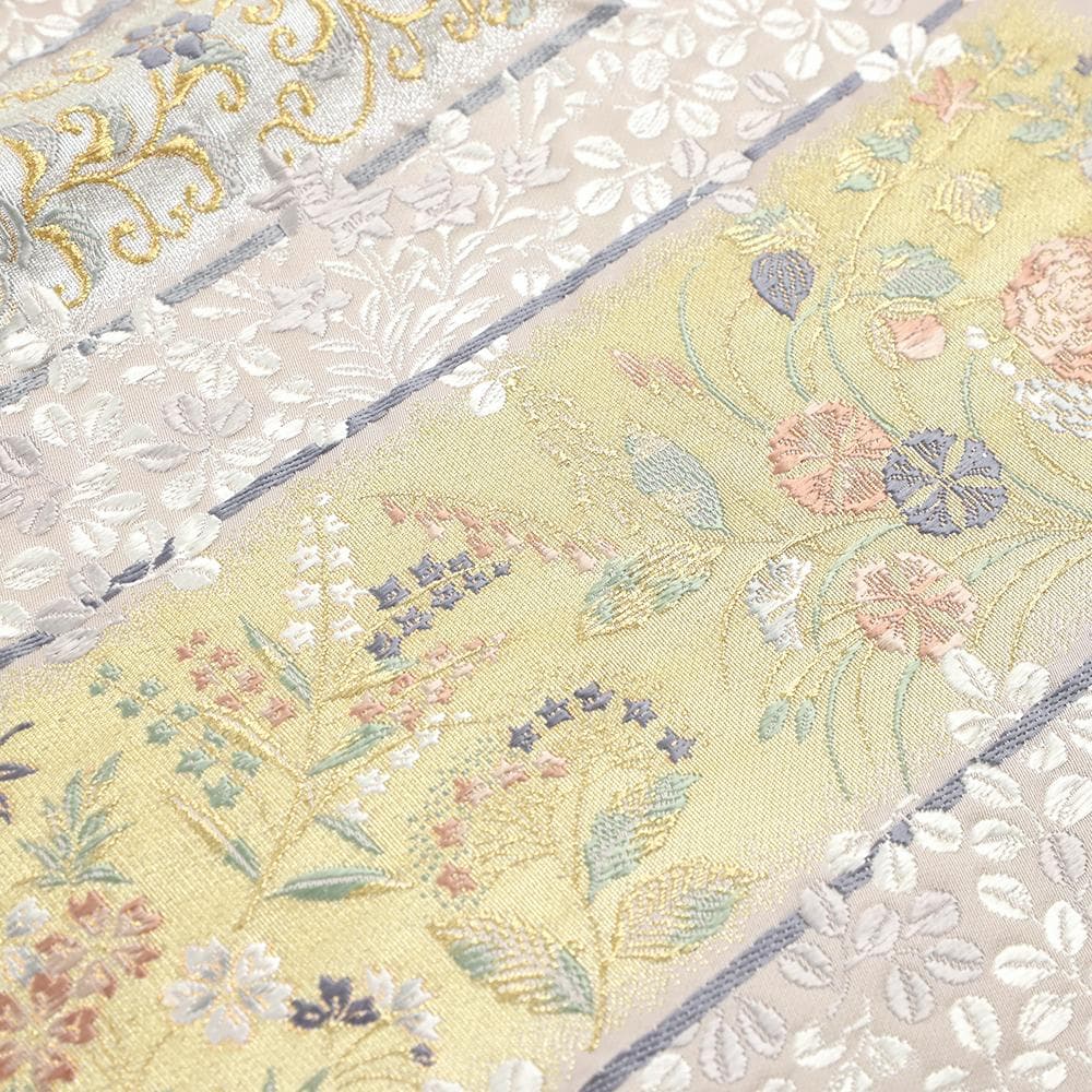 袋帯 正絹 桜 ピンクベージュ 花唐草 薄紫 桔梗 No.ymo0010 袋帯 正絹 桜 ピンクベージュ 花唐草 薄紫 桔梗 No.ymo0010