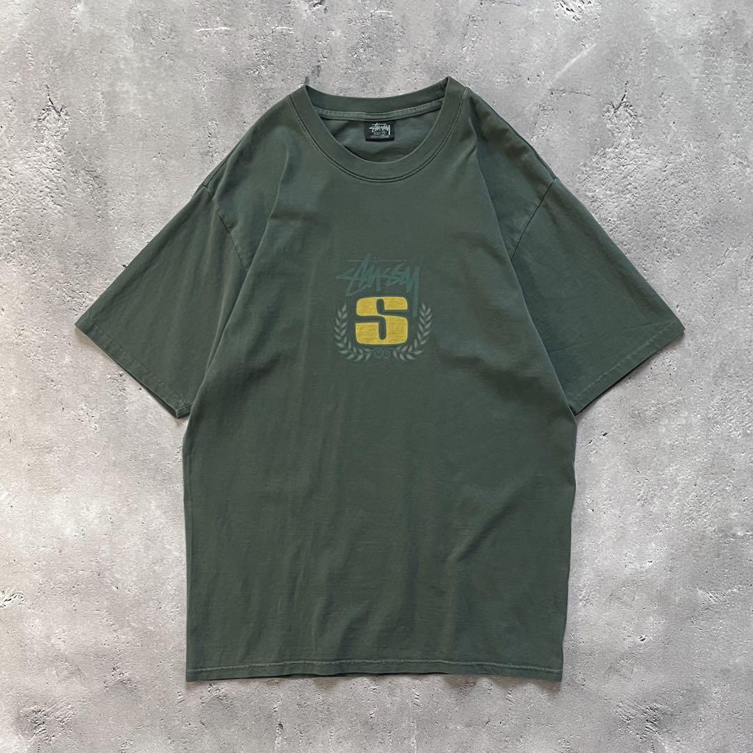 STUSSY Sロゴ Tシャツ センターロゴ ストックロゴ オーバーダイ 緑
