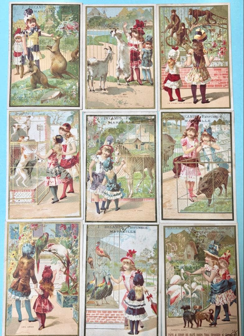 フランスアンティーク クロモカード 少女達と動物園 9枚セット