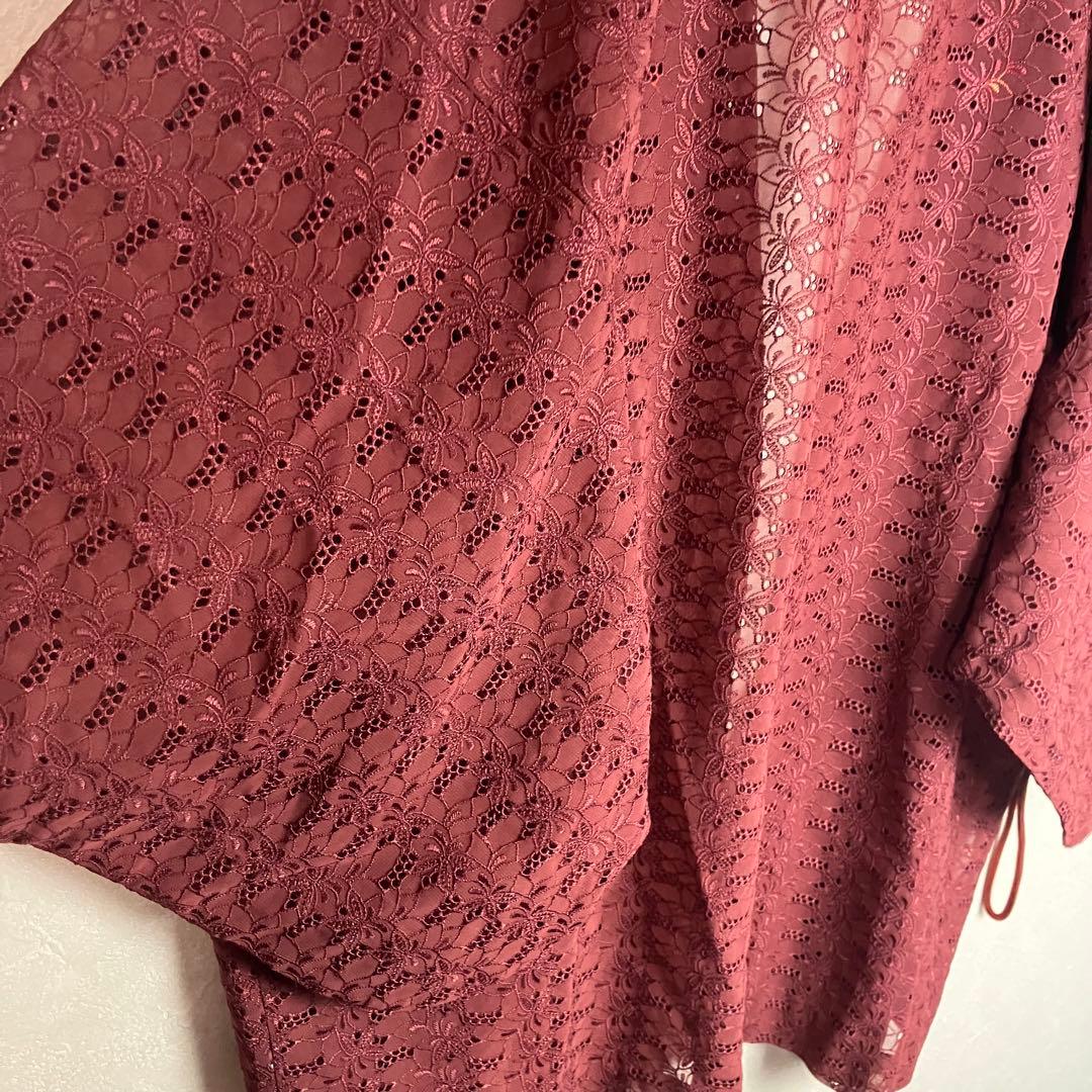 【着物カーディガン】羽織り 総柄 透け感 夏物 ワインレッド 使用感 古着 【着物カーディガン】羽織り 総柄 透け感 夏物 ワインレッド 使用感 古着