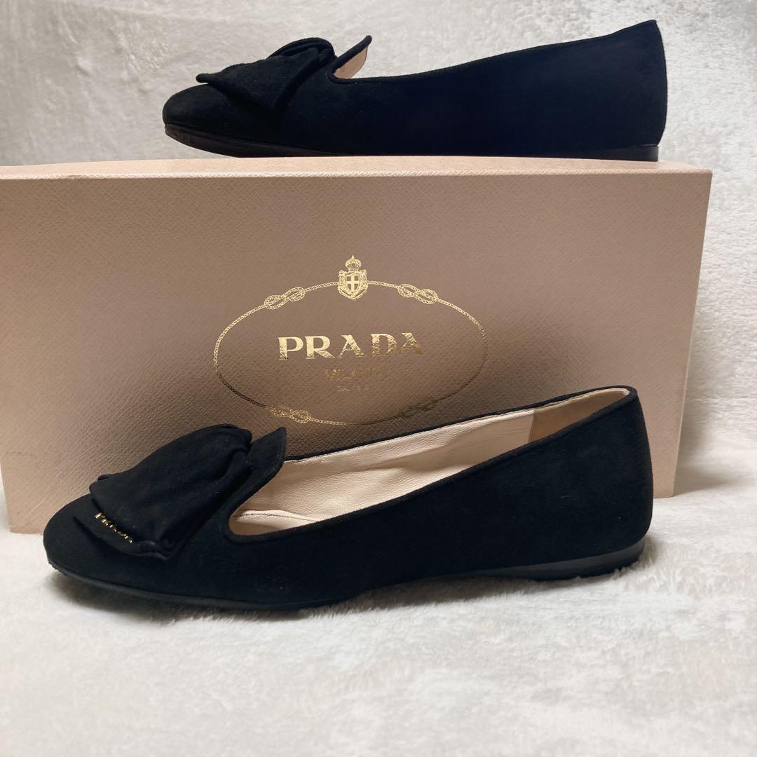 PRADA 黒 スエード リボン付き フラットシューズ 35 パンプス ロゴ
