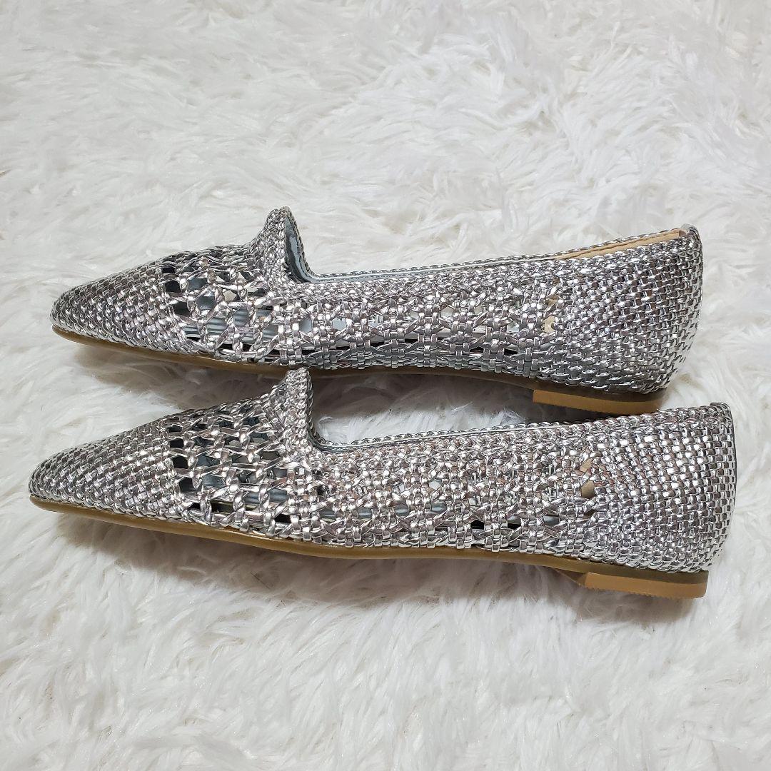 極美品 DIANA 23センチ シルバー メッシュ フラットシューズ パンプス