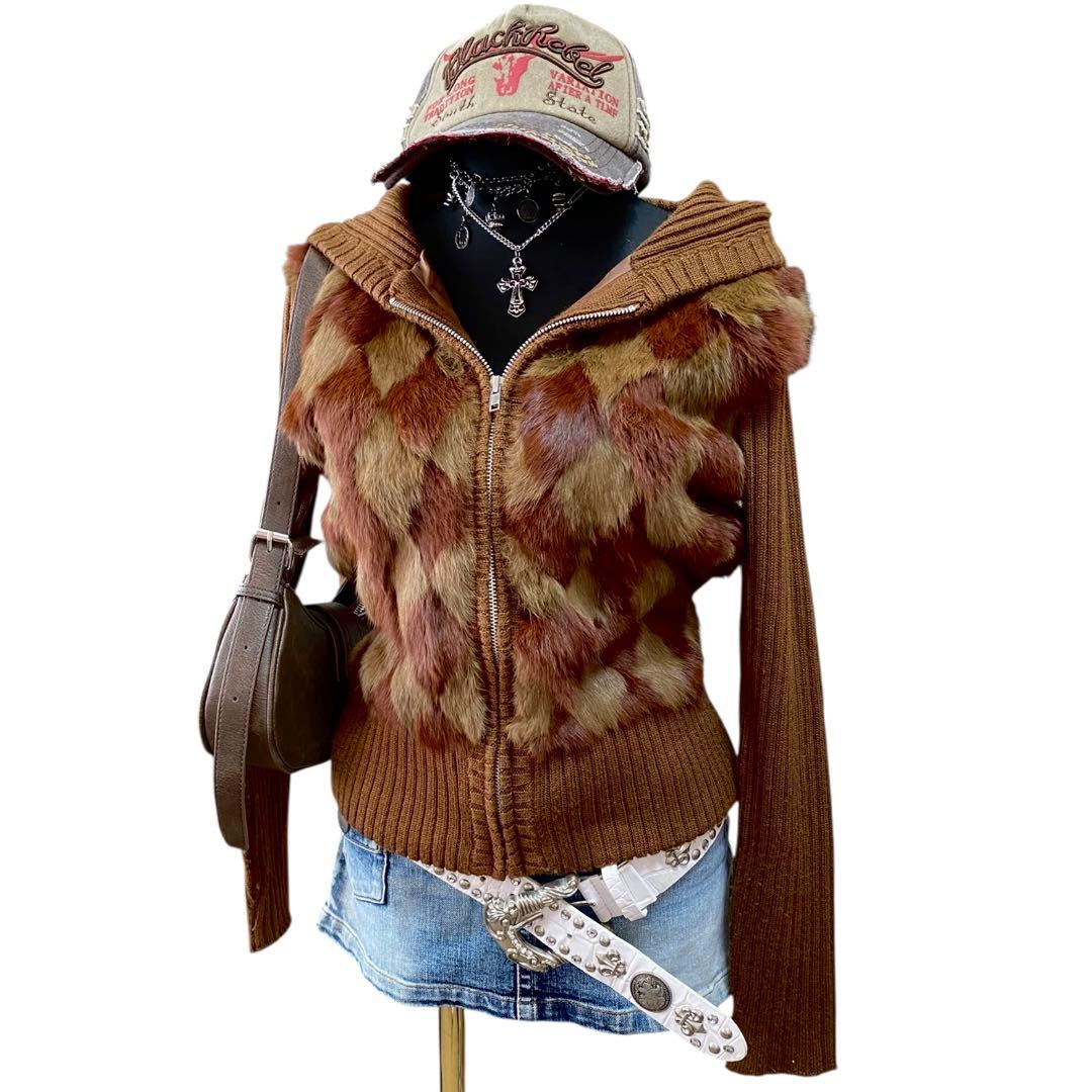 Y2K ラビットファー アーガイル パーカー リブニット グランジ 平成ギャルM