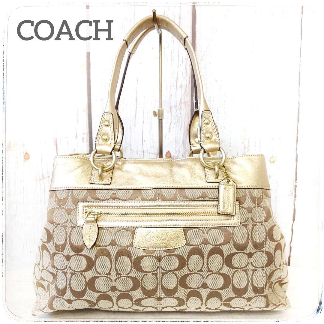 【COACH】 トートバッグ キャンバス ゴールド ベージュ 総柄 シグネチャー