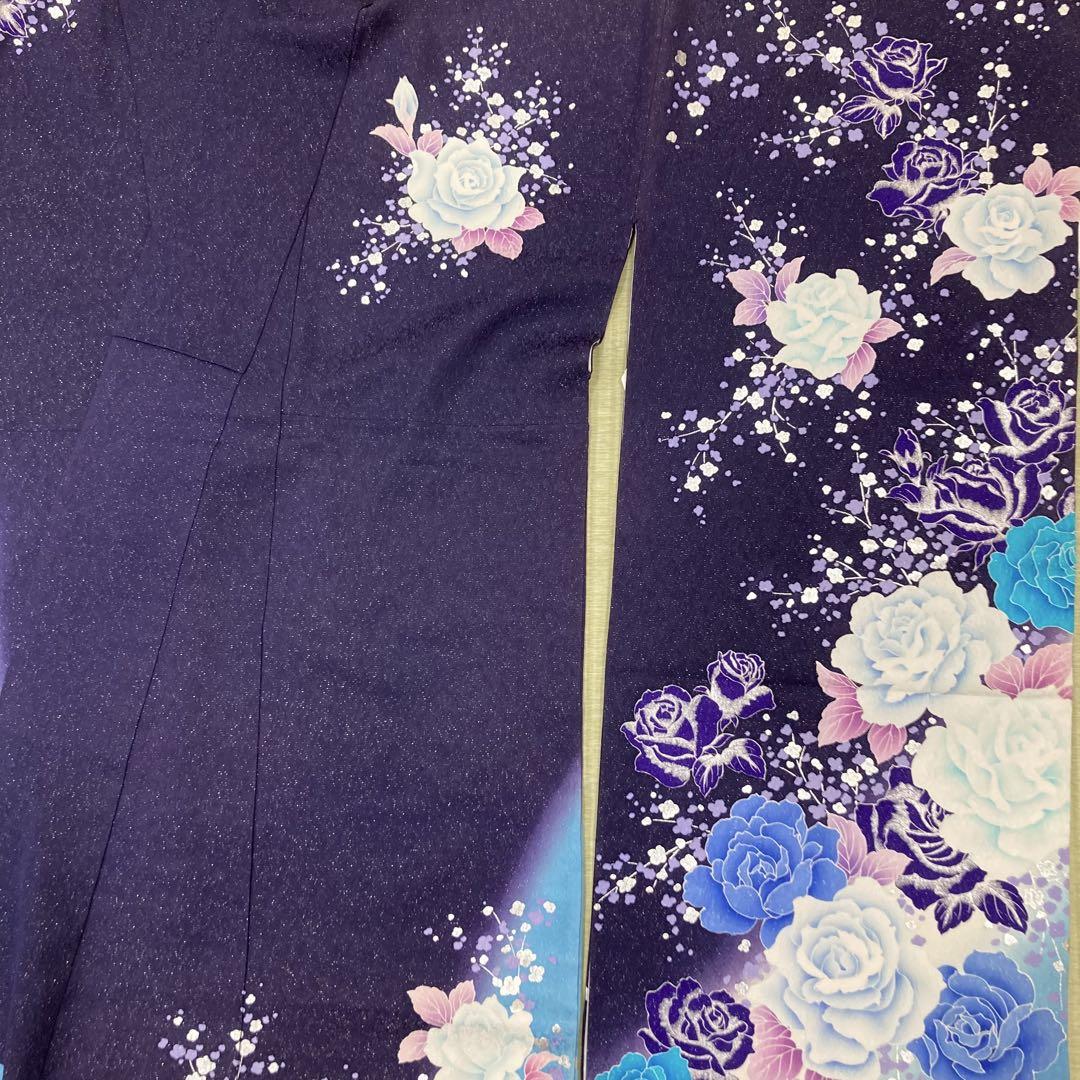 ☆中古品☆振袖　単品　正絹　紫ラメ入り系花模様Ｂ級品ヤケ有り振袖