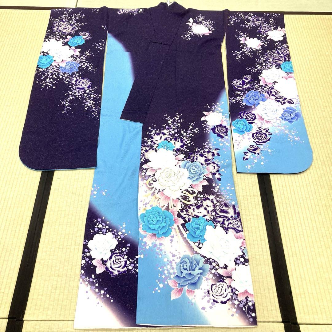 ☆中古品☆振袖　単品　正絹　紫ラメ入り系花模様Ｂ級品ヤケ有り振袖