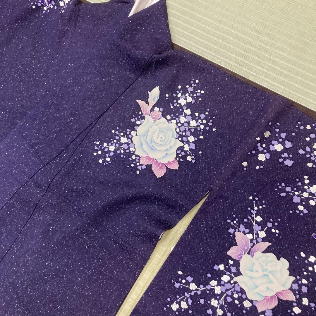 ☆中古品☆振袖　単品　正絹　紫ラメ入り系花模様Ｂ級品ヤケ有り振袖