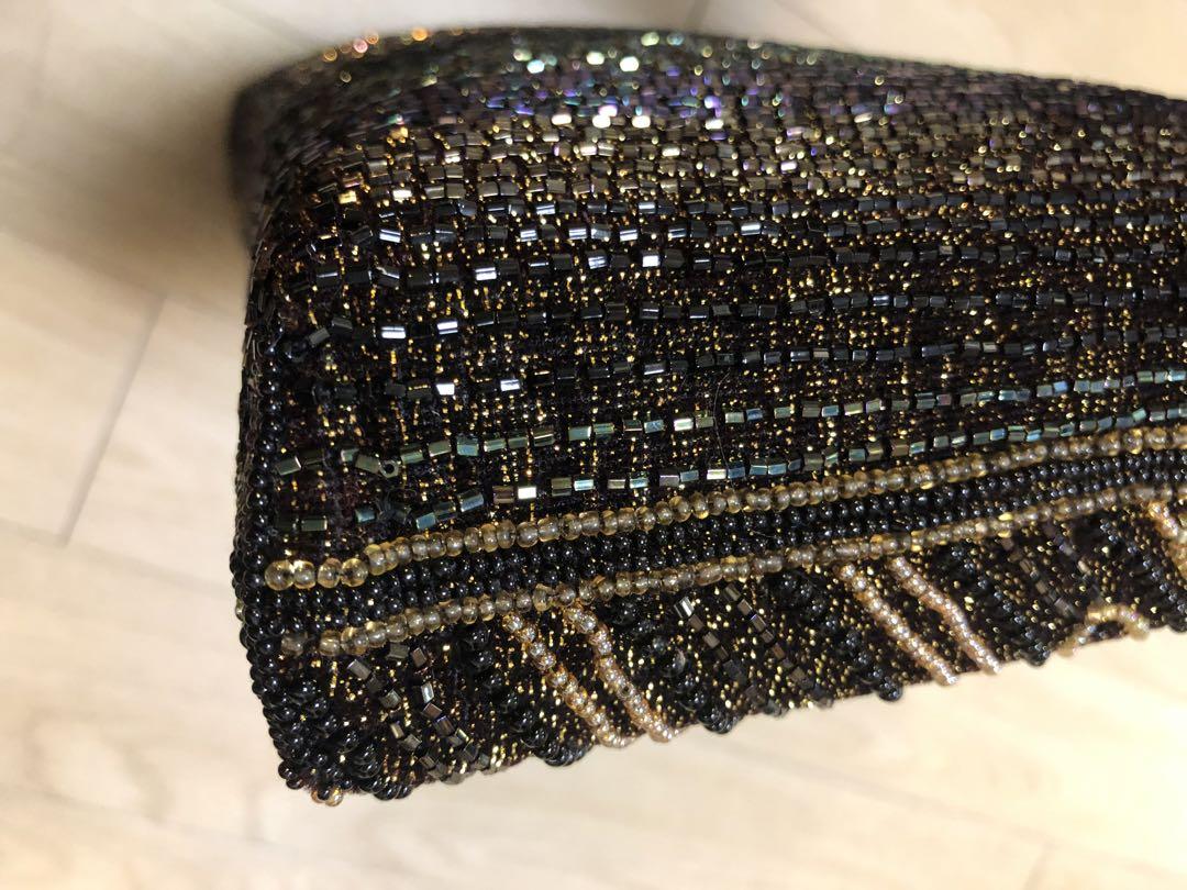 ビーズ 刺繍 ハンドバッグ　ゴールド ブラウン