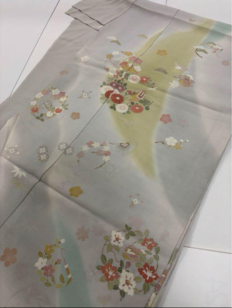 訪問着　夏着物　宝づくし　花丸文　正絹　絽　グレー　松竹梅　新品未仕立て