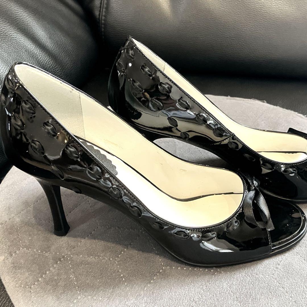 極美品⭐️DIANA エナメルパンプスリボン24cm ブラック オープン