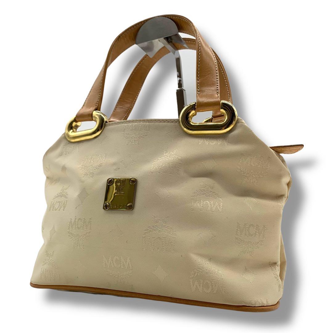 MCM ナイロン　レザー　ハンドバッグ　白　総柄
