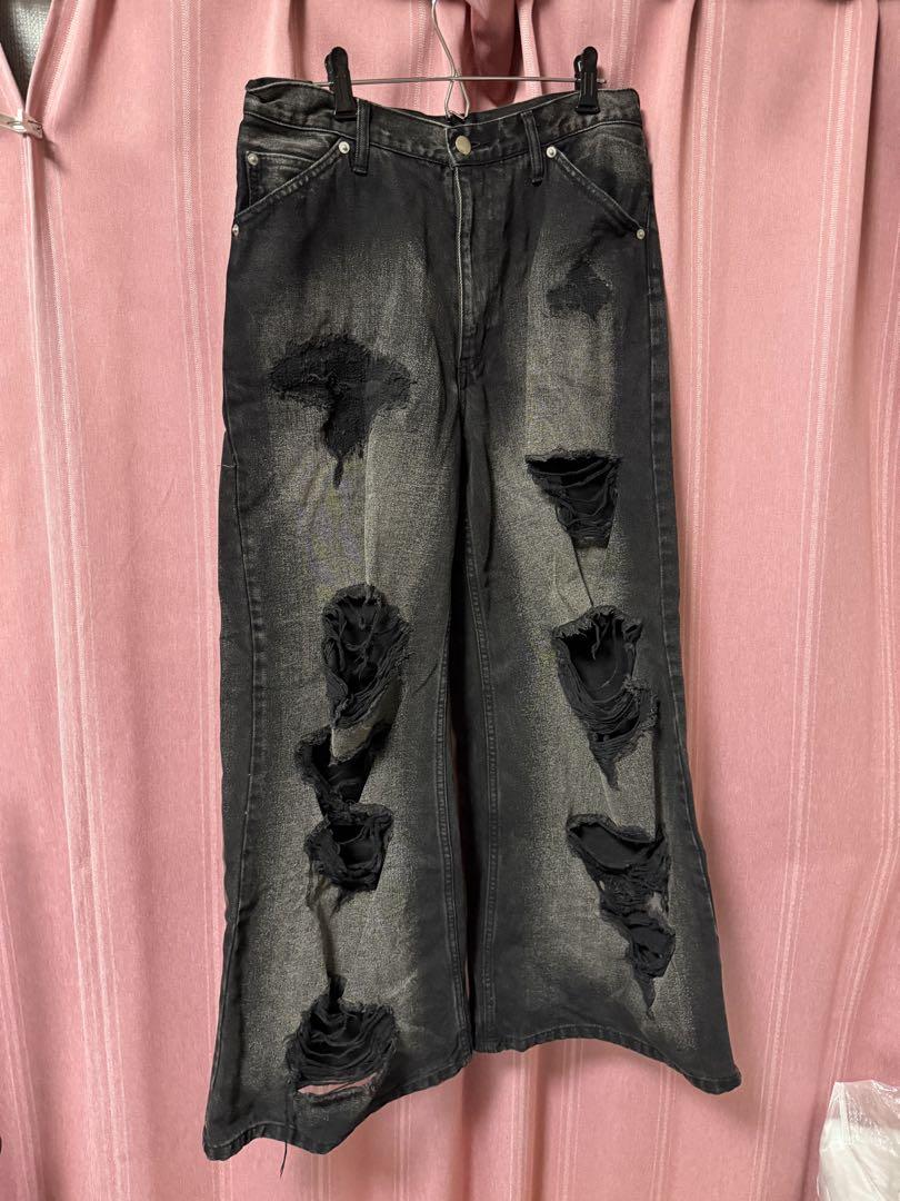 【限定価格】HARE ダメージワイドデニムパンツ　M