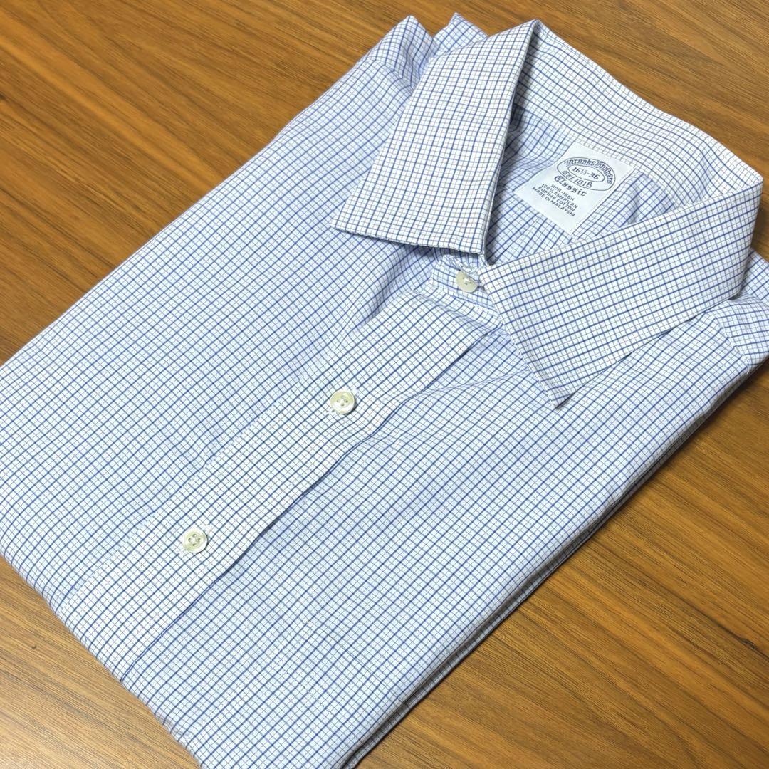 ブルックスブラザーズ 長袖チェックシャツ ノンアイロン 白×青