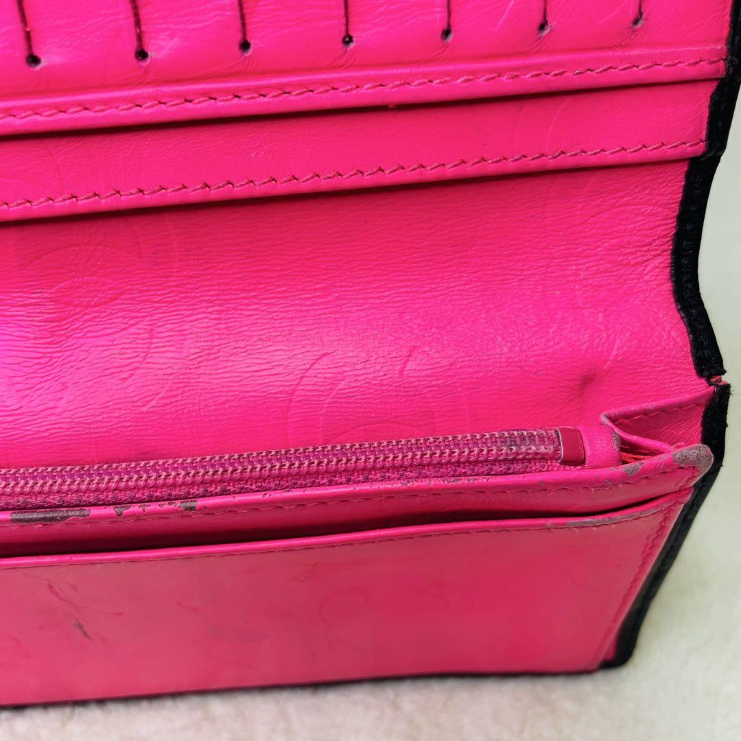CHANEL シャネル 二つ折り長財布 カンボンライン 黒 ピンク レザー