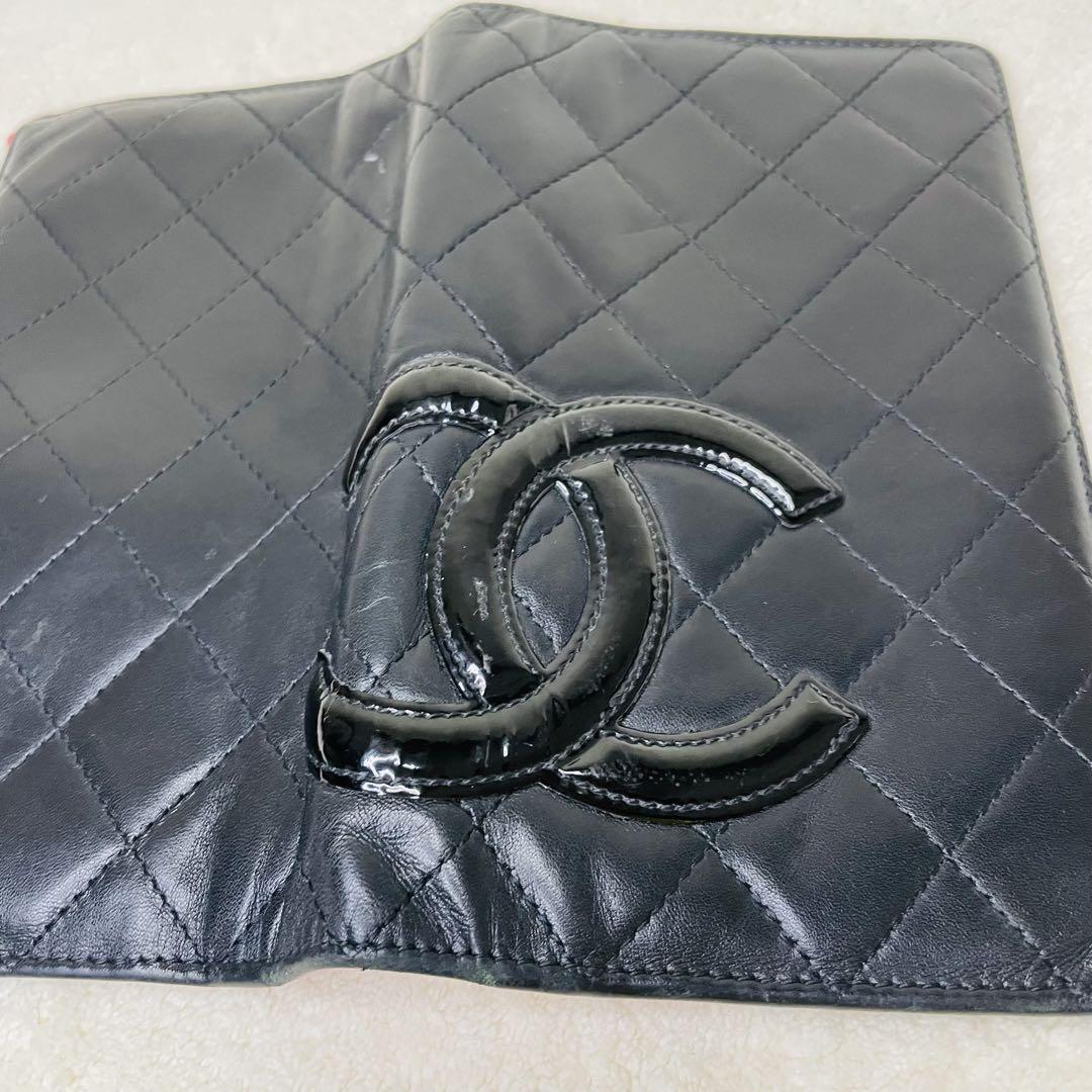 CHANEL シャネル 二つ折り長財布 カンボンライン 黒 ピンク レザー