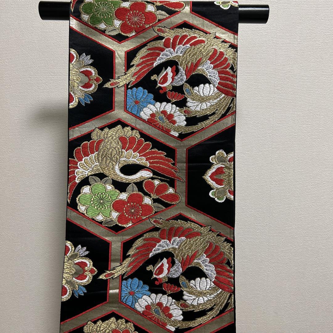 鳳凰と花柄の黒帯