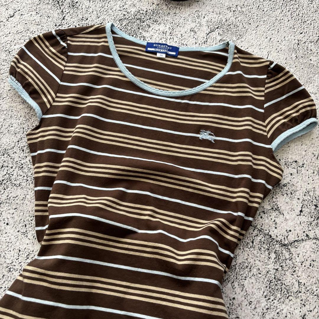 m*い様 y2k バーバリーロンドン　ボーダーTシャツ ピチT 刺繍　パフスリー y2k バーバリーロンドン ボーダーTシャツ ピチT 刺繍