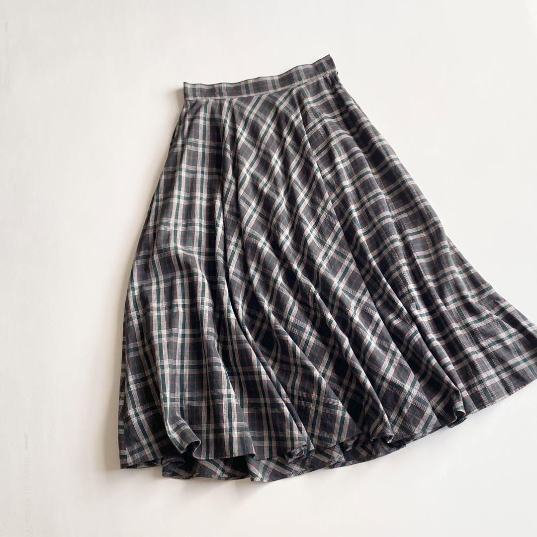 UNITED ARROWS 綿麻 チェック ボリュームフレアスカート 日本製 L