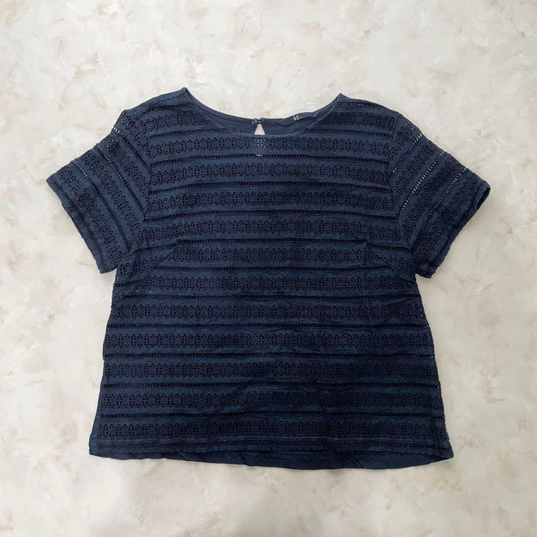 45R カットワークTシャツ ブラウス インディゴ染め コットン サイズ3 45R インディゴ カットワーク ブラウス カットソー レース 刺繍