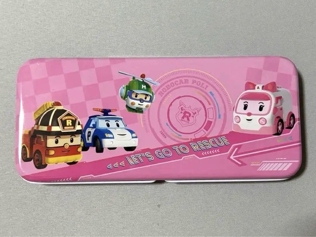 ロボカーポリー 缶ペンケース 二段 筆箱 ピンク