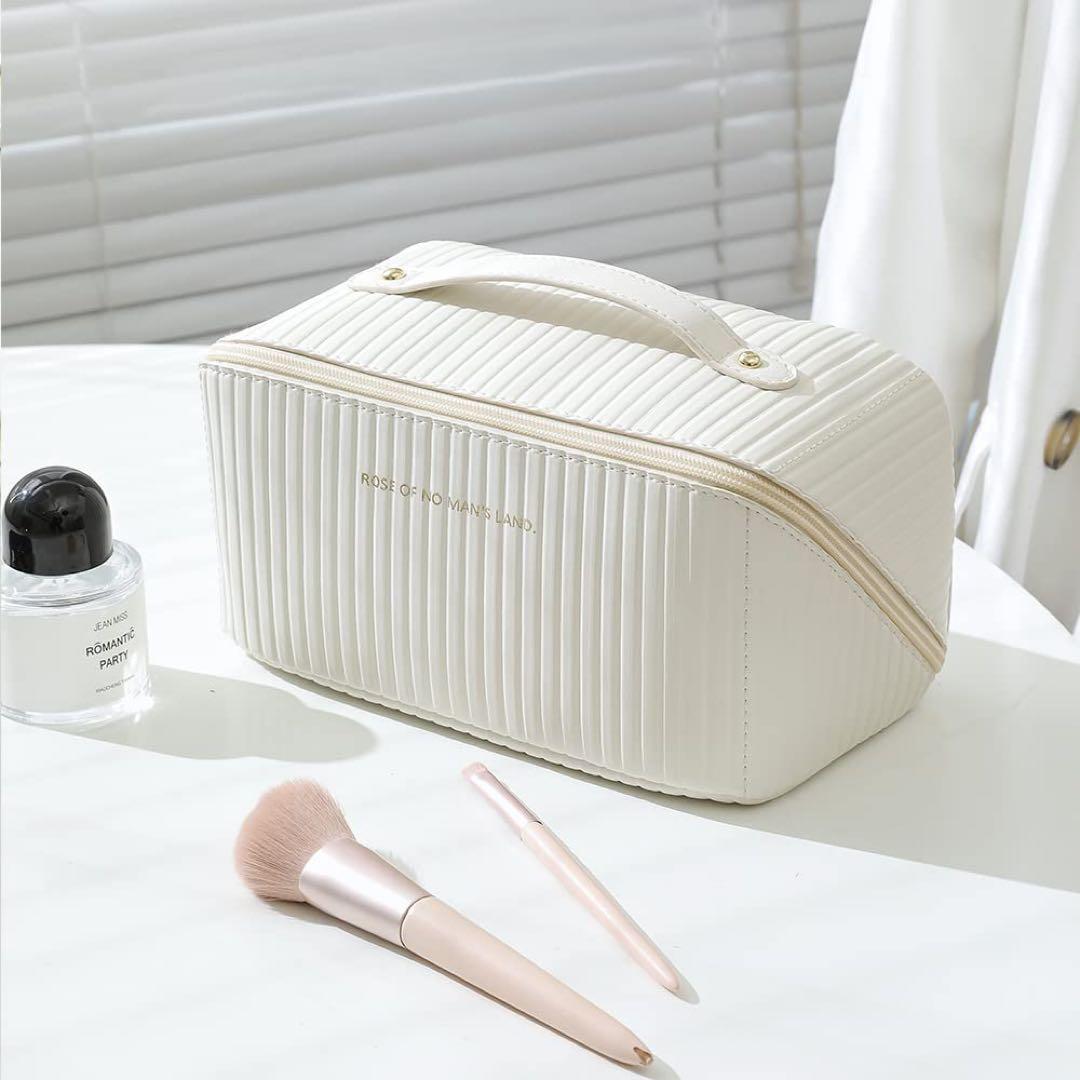 化粧ポーチ 大容量 撥水加工 軽量 両開きファスナー 180°フルオープン