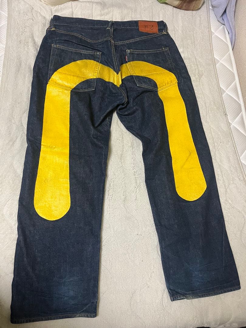 ダークブルー ワイドレッグジーンズ イエローアクセントLOT2001 36✖︎35