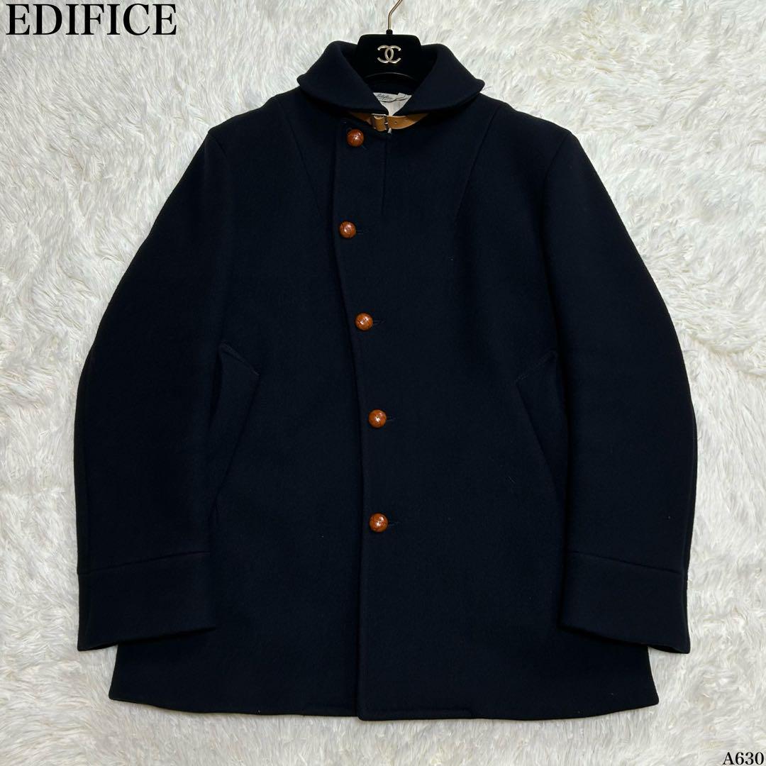 [美品] EDIFICE メルトンコート 38 くるみボタン 厚手 ウール 麻混