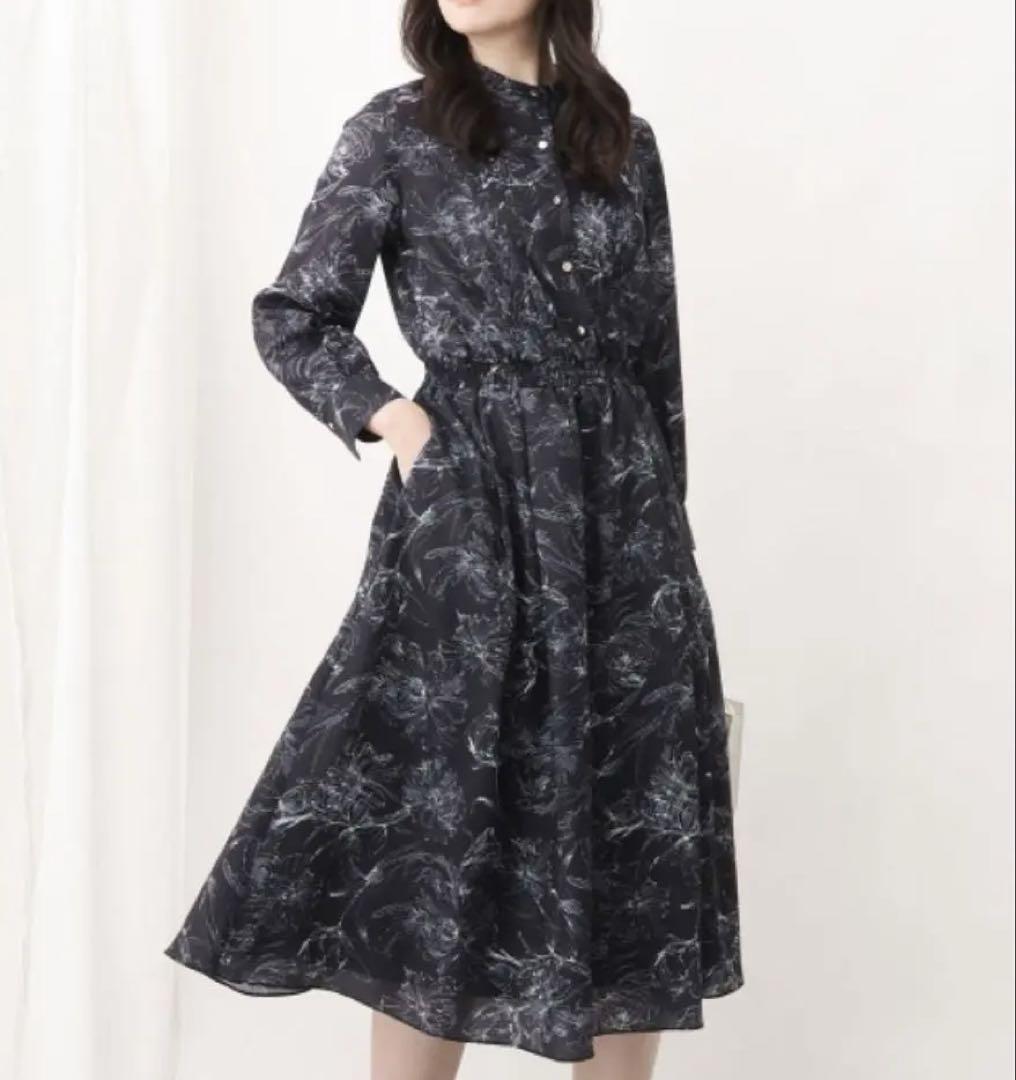 OFUON Lサイズ 洗濯可 シャーリングデザイン 花柄 ロングワンピース