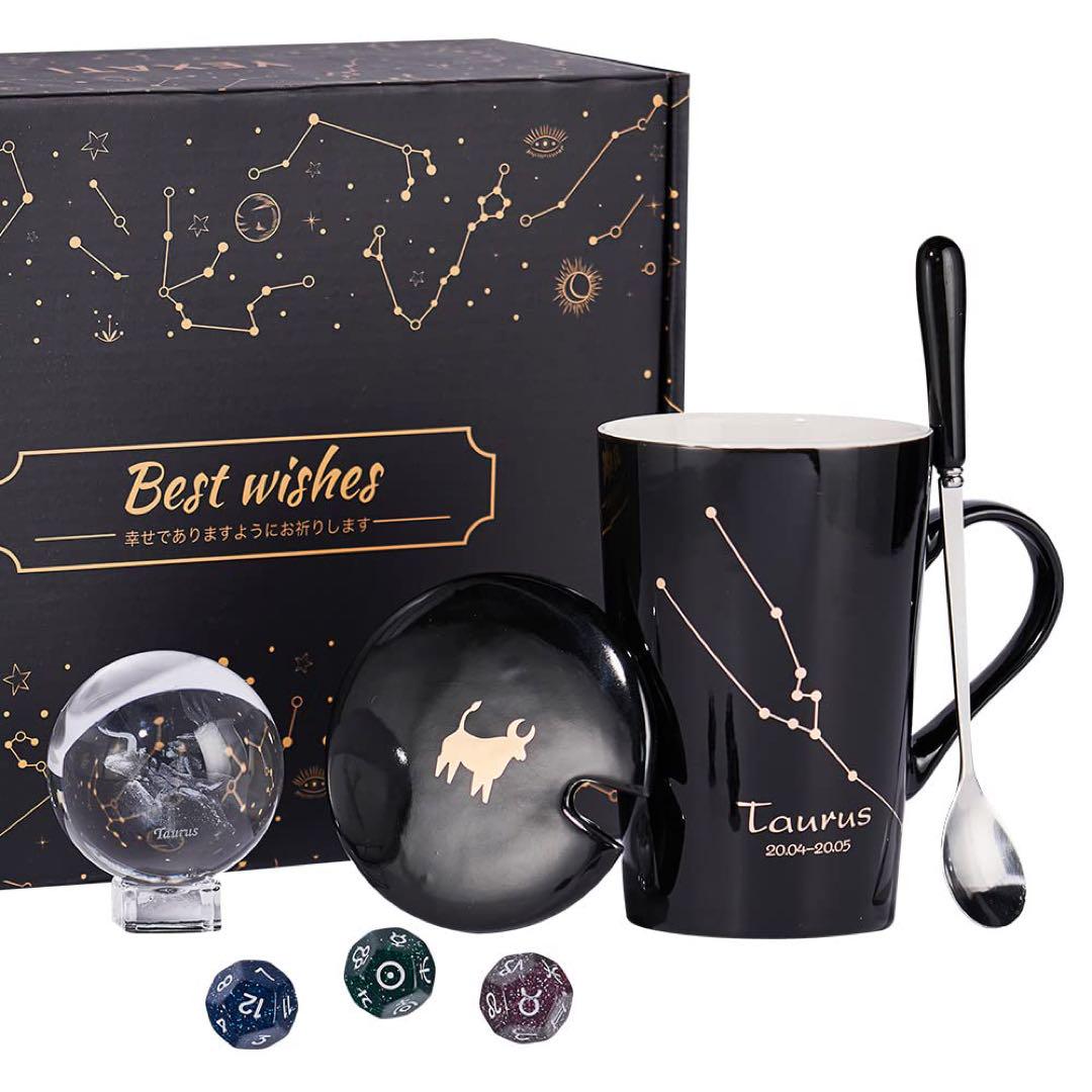 最終値下げ❣️マグカップコーヒーカップ蓋付き星座牡牛座黒プレゼント