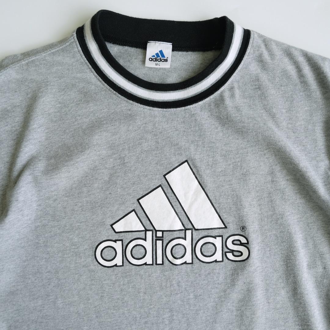 アディダス　デサント製 90s プリントロゴ半袖Tシャツ　リブライン　古着