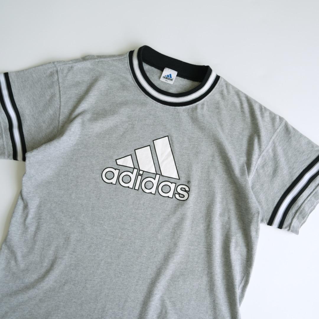 アディダス　デサント製 90s プリントロゴ半袖Tシャツ　リブライン　古着