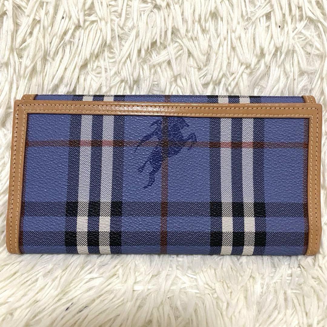 【美品✨】バーバリー 長財布 ノバチェック シャドーホース フラップ ブルー