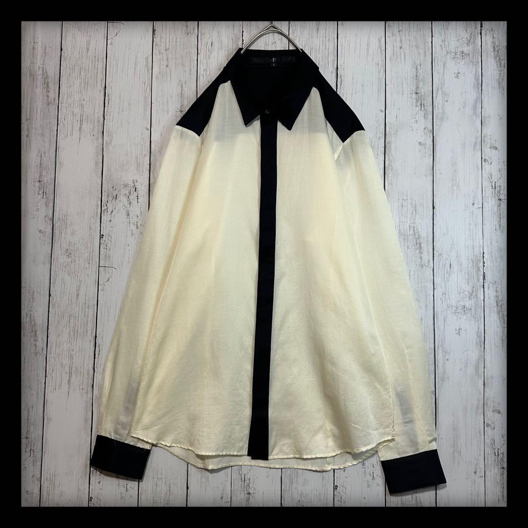【ノーアイディー☆シルク混長袖シャツ】比翼ボタン☆バイカラー　2 白　黒