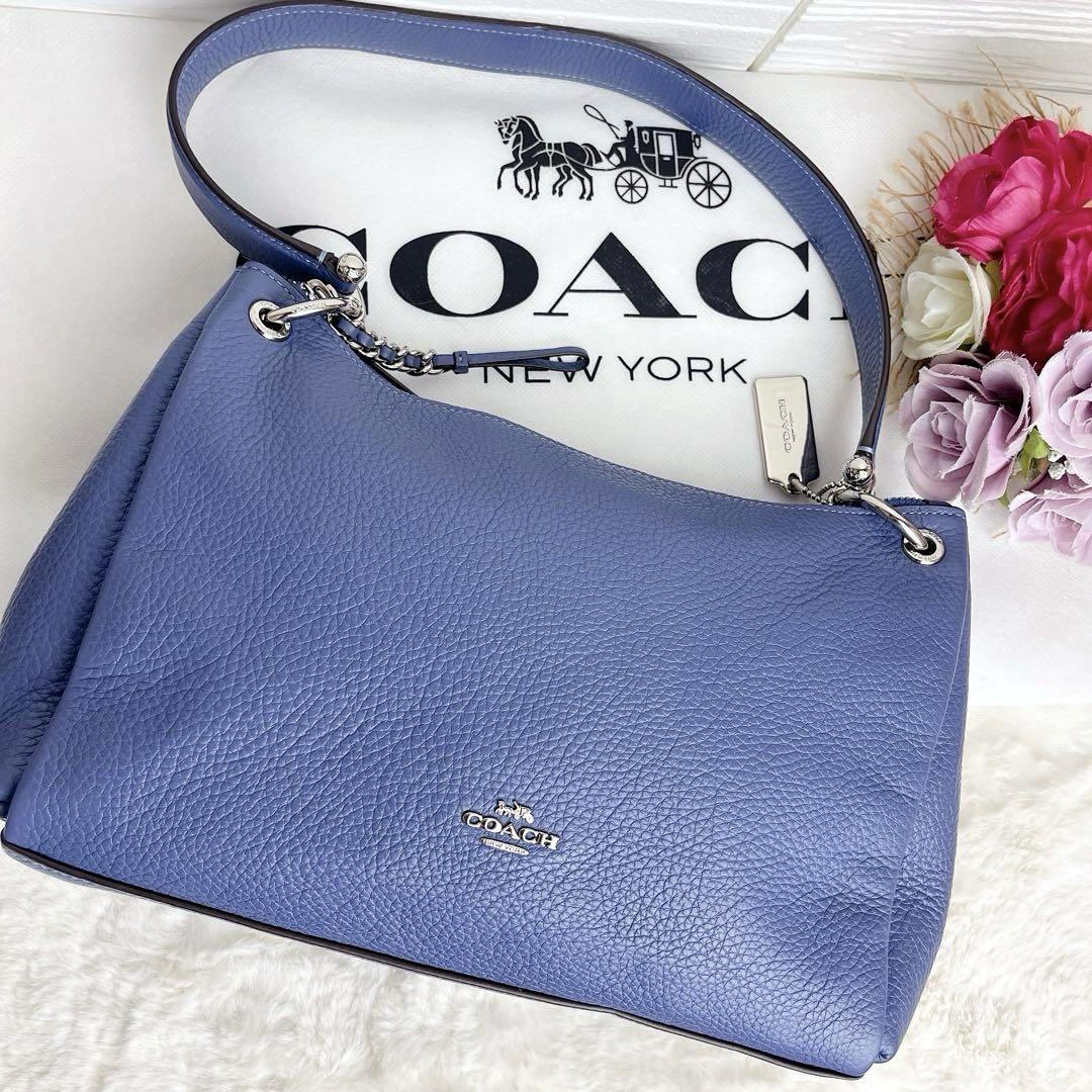 【美品】COACH ショルダーバッグ ブルー コーチ 美品☆COACHコーチ ショルダーバッグ ブルー シルバー シボ革