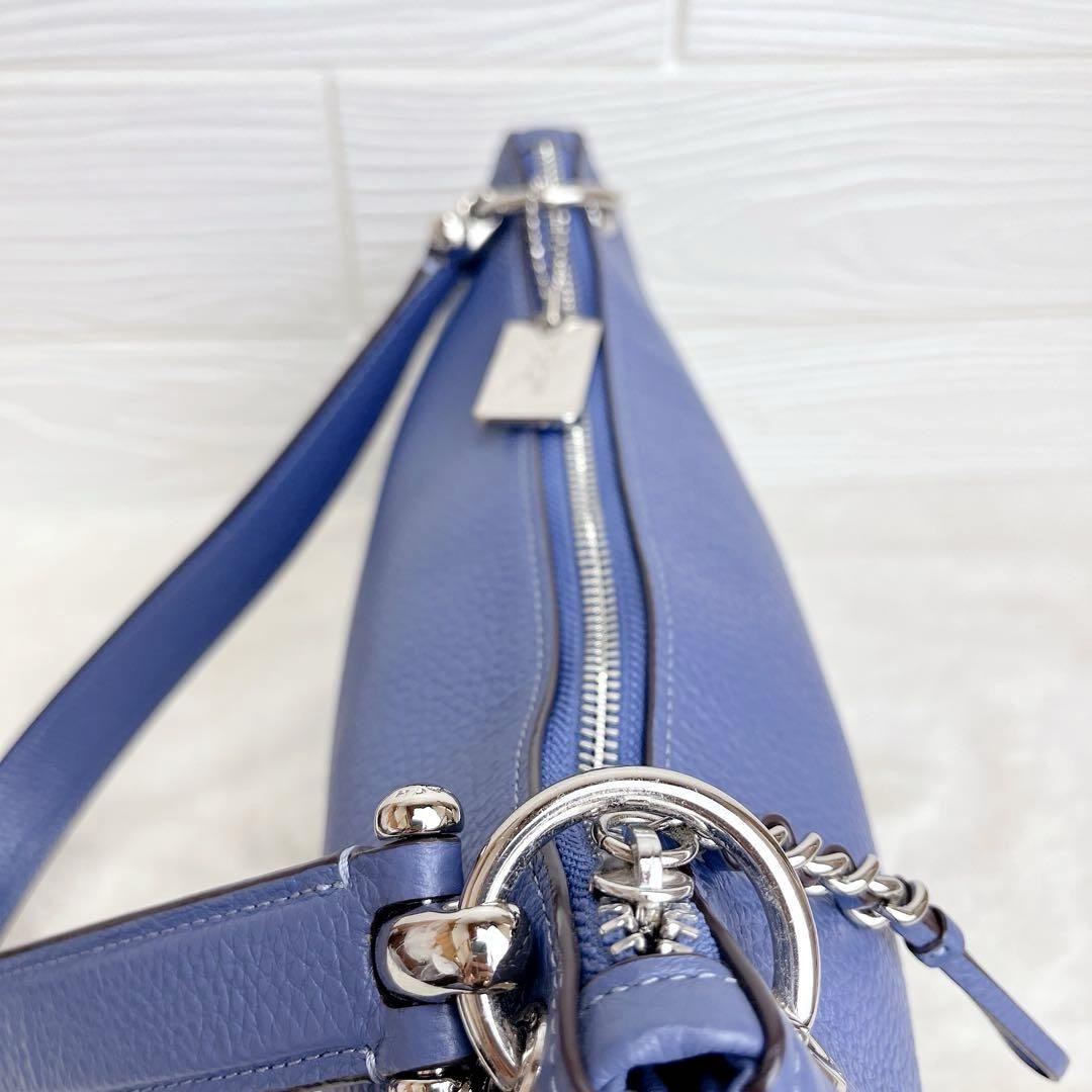 美品☆COACHコーチ ショルダーバッグ ブルー シルバー シボ革