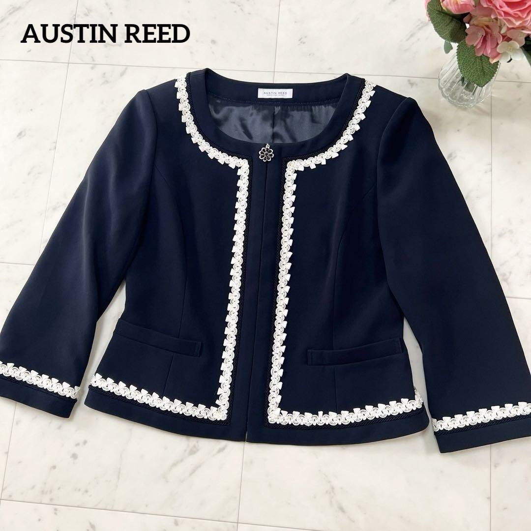 極美品 AUSTIN REED ノーカラージャケット レース ネイビー 38