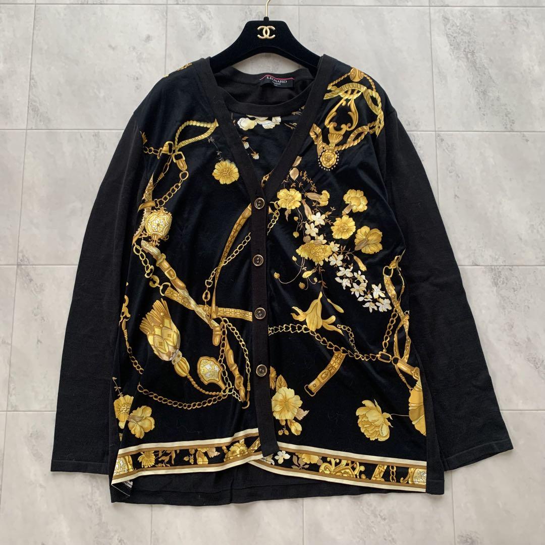 美品♡ レオナール アンサンブル シルク100% 花 切り替え チェーン柄 L