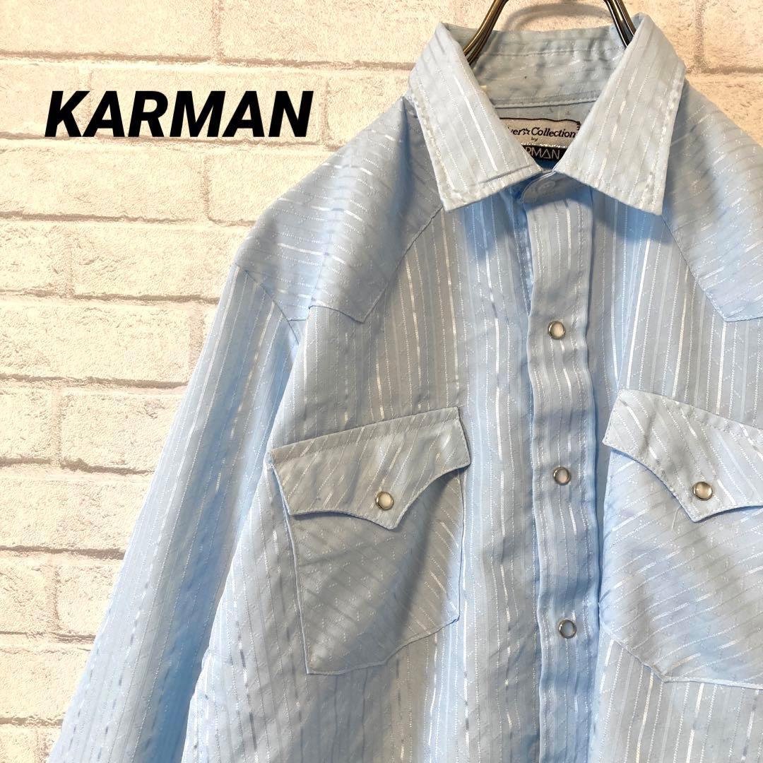 USA輸入古着 KARMAN ストライプウエスタンシャツ 水色 メンズM相当
