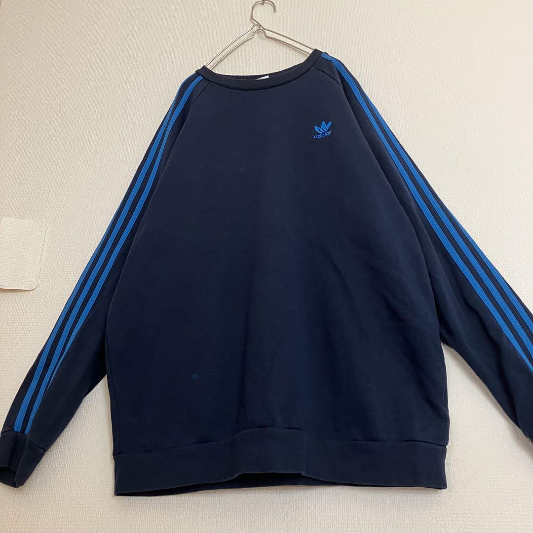 刺繍トレフォイルロゴadidasスリーライン超オーバーサイズ三本線アディダス紺