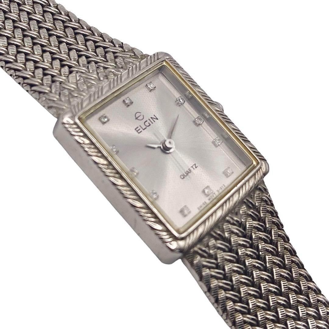 美品 ELGIN シルバー スクエア 12Pダイヤ レディース腕時計 1103