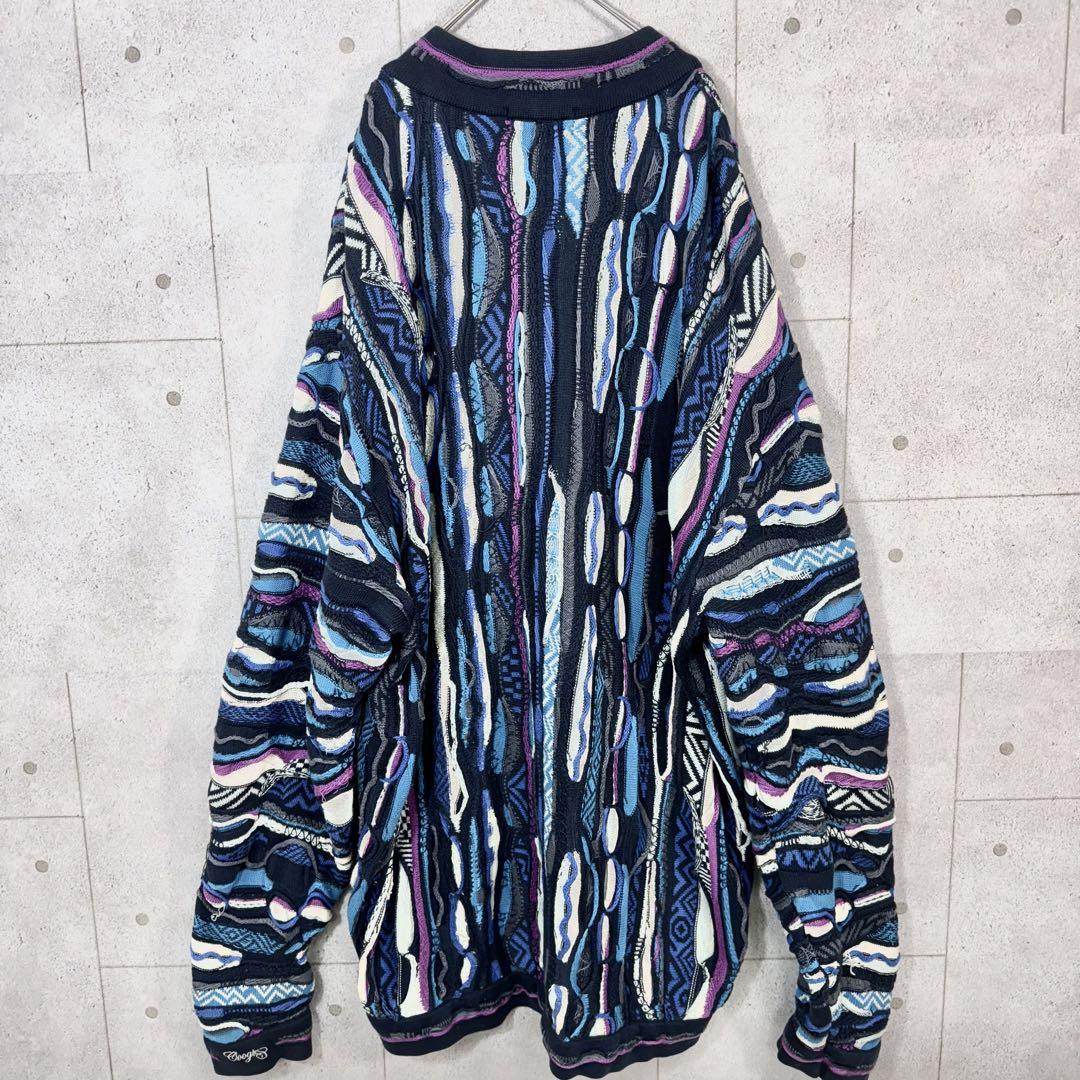 【希少5XL】COOGI クージー ジップアップ3Dニット 編込 青系 画像8