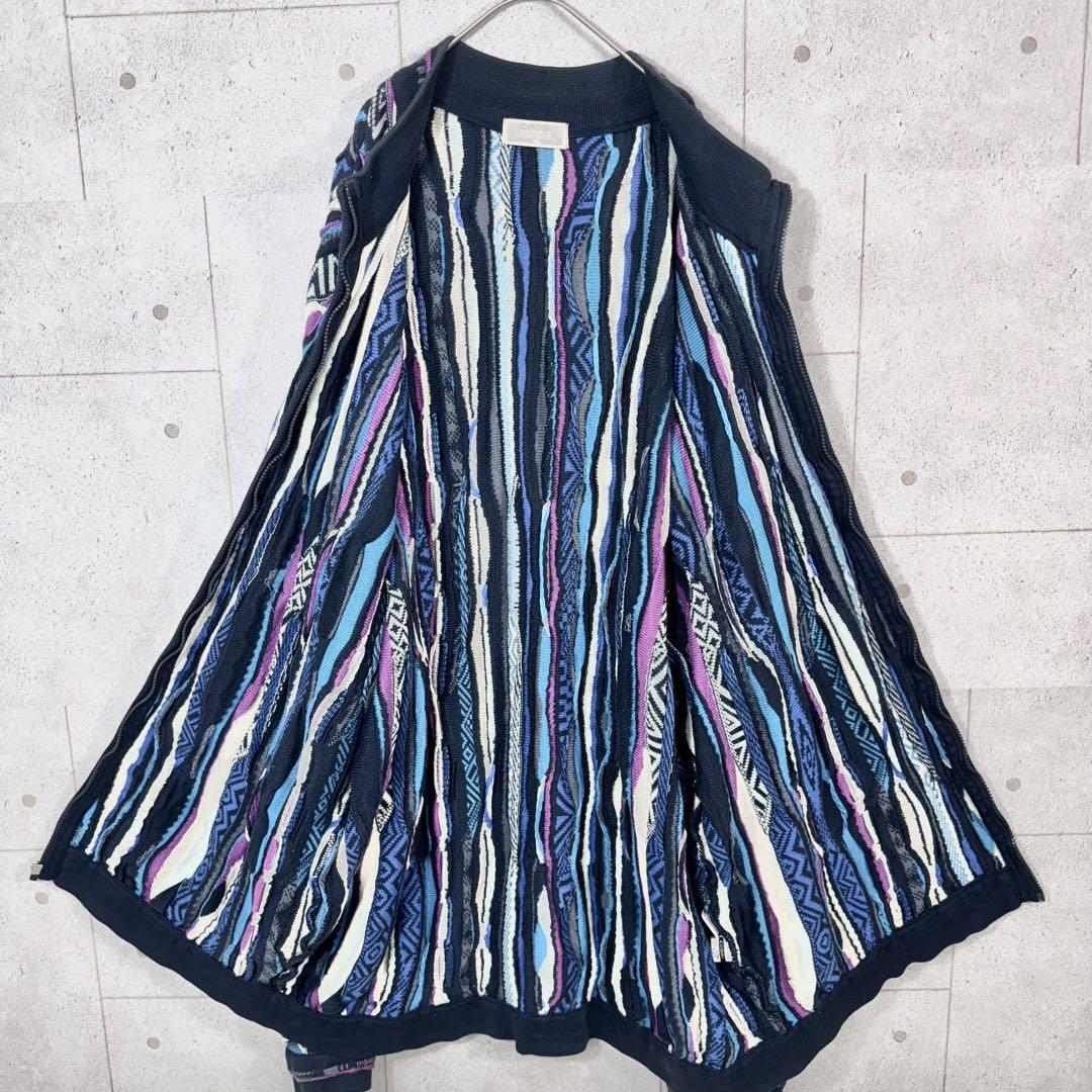 【希少5XL】COOGI クージー ジップアップ3Dニット 編込 青系 画像9