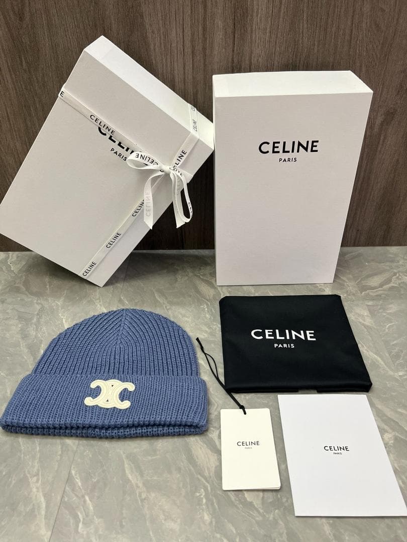 CELINE リブ編みニット帽 青色 Cロゴ
